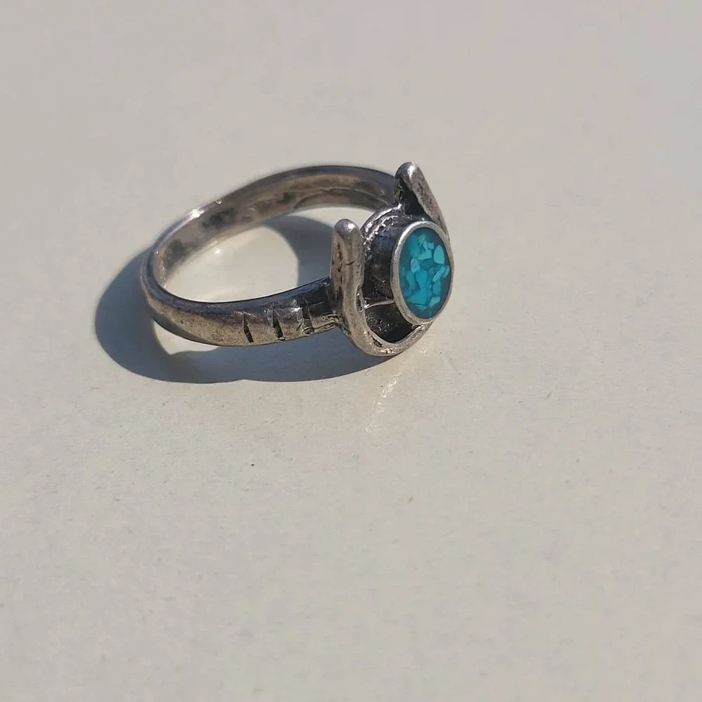Vintage Silver Tone Faux Turquoise Chip Ring Size 4.75 Blue Western Lucky